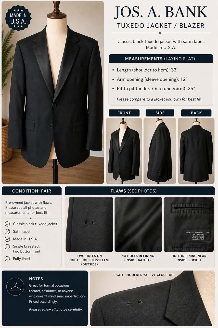 Jos A Bank Mens 48L Black Tuxedo Jacket Satin Lapel Formal Blazer Made USA